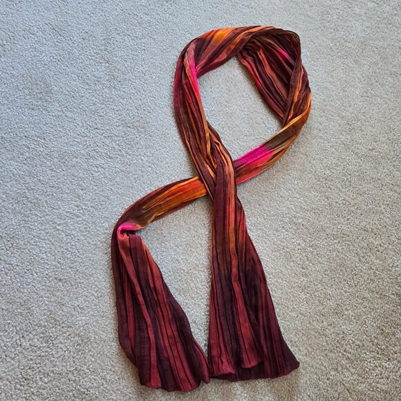Silk Oblong Crinkle Scarf Vibrant Colors Burgundy Orange Pink - Picture 4 of 6
